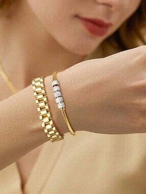 2pcs 18K Gold Plated Chain Link Bracelet 2 colors, Stainless Steel & Crystal